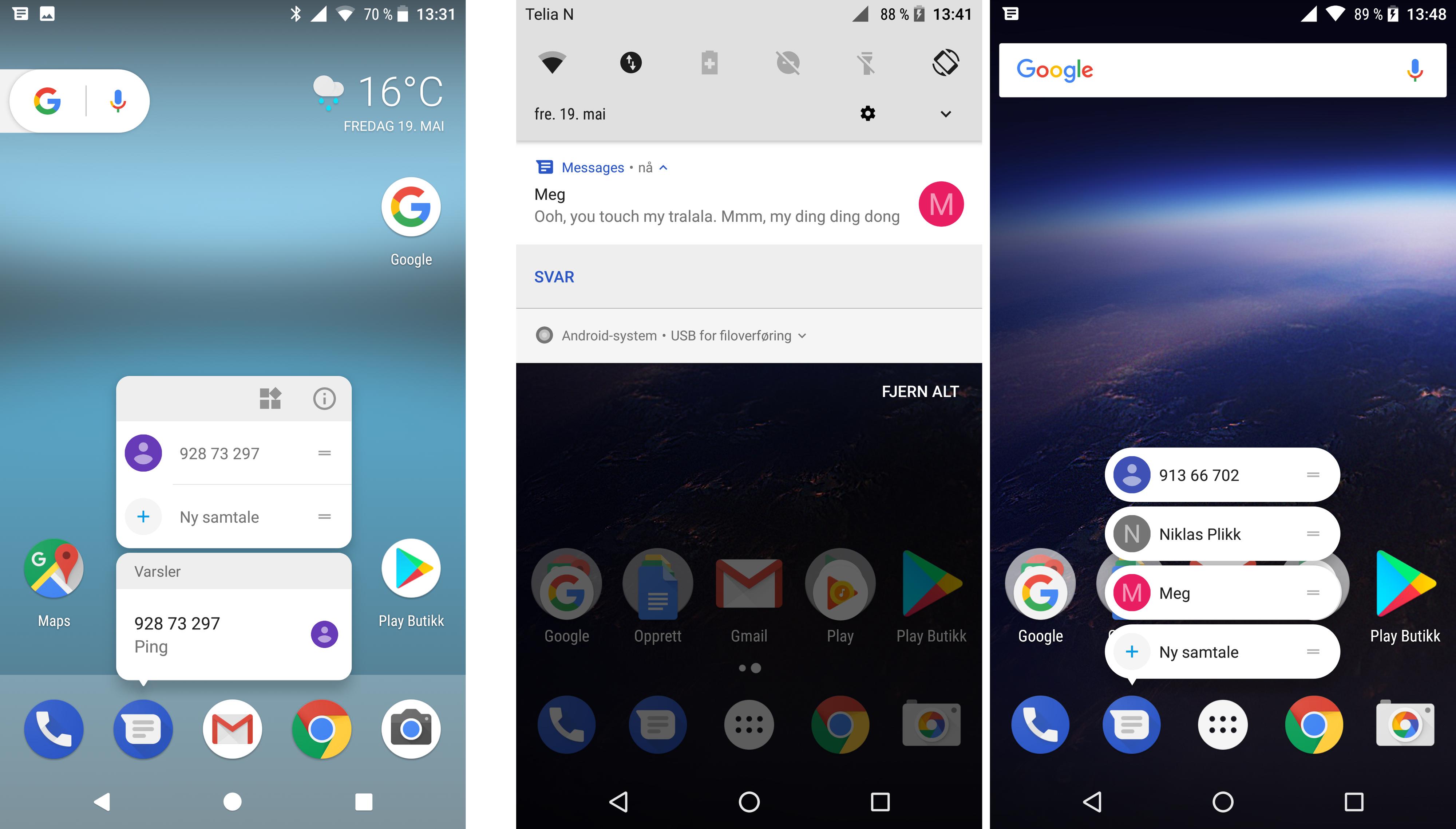 Til venstre en Google Pixel XL med Android O og til høyre en Nexus 6P med samme Android-versjon. Det er altså ulikheter i hvordan versjonene for telefonene oppfører seg. Her må man ha en Pixel for å få forhåndsvisninger om man holder fingeren på appikonet. Bilde: Finn Jarle Kvalheim, Tek.no