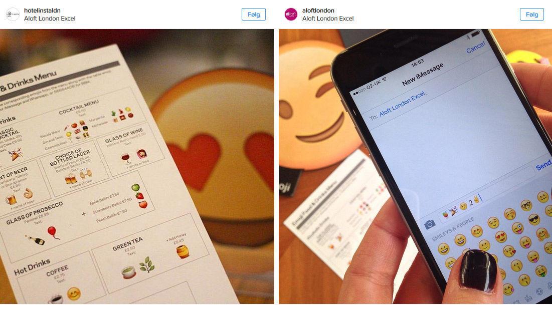 NY MENY: Nå kan du bestille mat ved kun å bruke emojier. Faksimile: @hotelinstaldn / @aloftlondon / Instagram