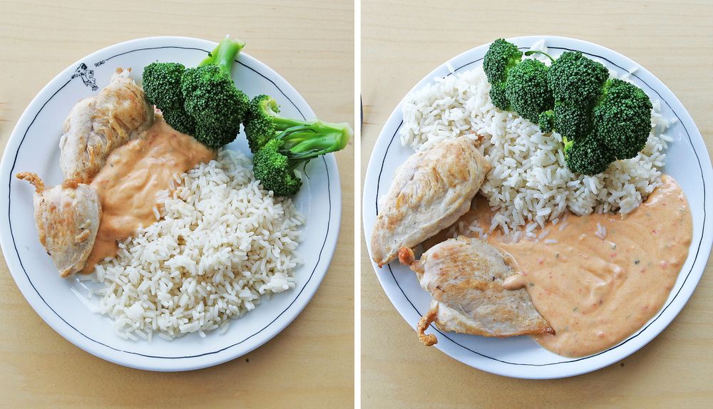 ENKLE JUSTERINGER: Ved å finne ut hva maten inneholder og hvor store porsjoner du spiser kan du enkelt gjøre justeringer som passer for deg. Fatet til venstre inneholder cirka 625 kcal, mens fatet til høyre inneholder cirka 950 kcal.