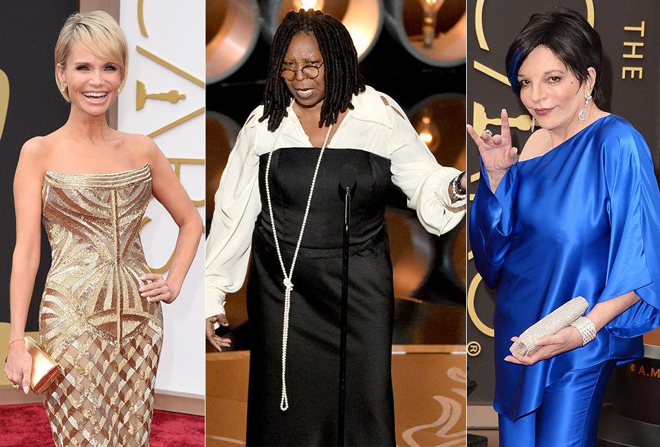 BUNNPLASSERING: Kristin Chenoweths, Whoopi Goldberg og Liza Minnelli stod for kveldens største klestabber på den røde Oscar-løperen. Foto: NTB Scanpix