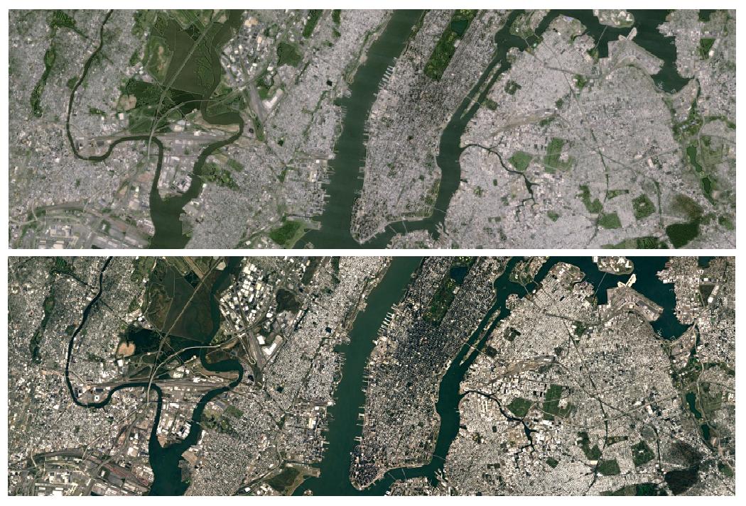Bildet viser New York City før og etter oppdateringen av Google Maps.