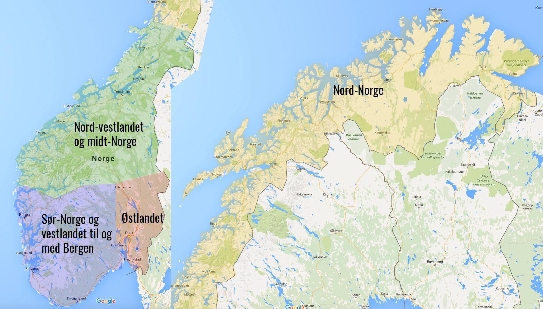 Vi delte inn Norge i fire områder og sendte ni journalister og frilansere ut på veien. Klikk på det aktuelle området for å lese resultatene for området.