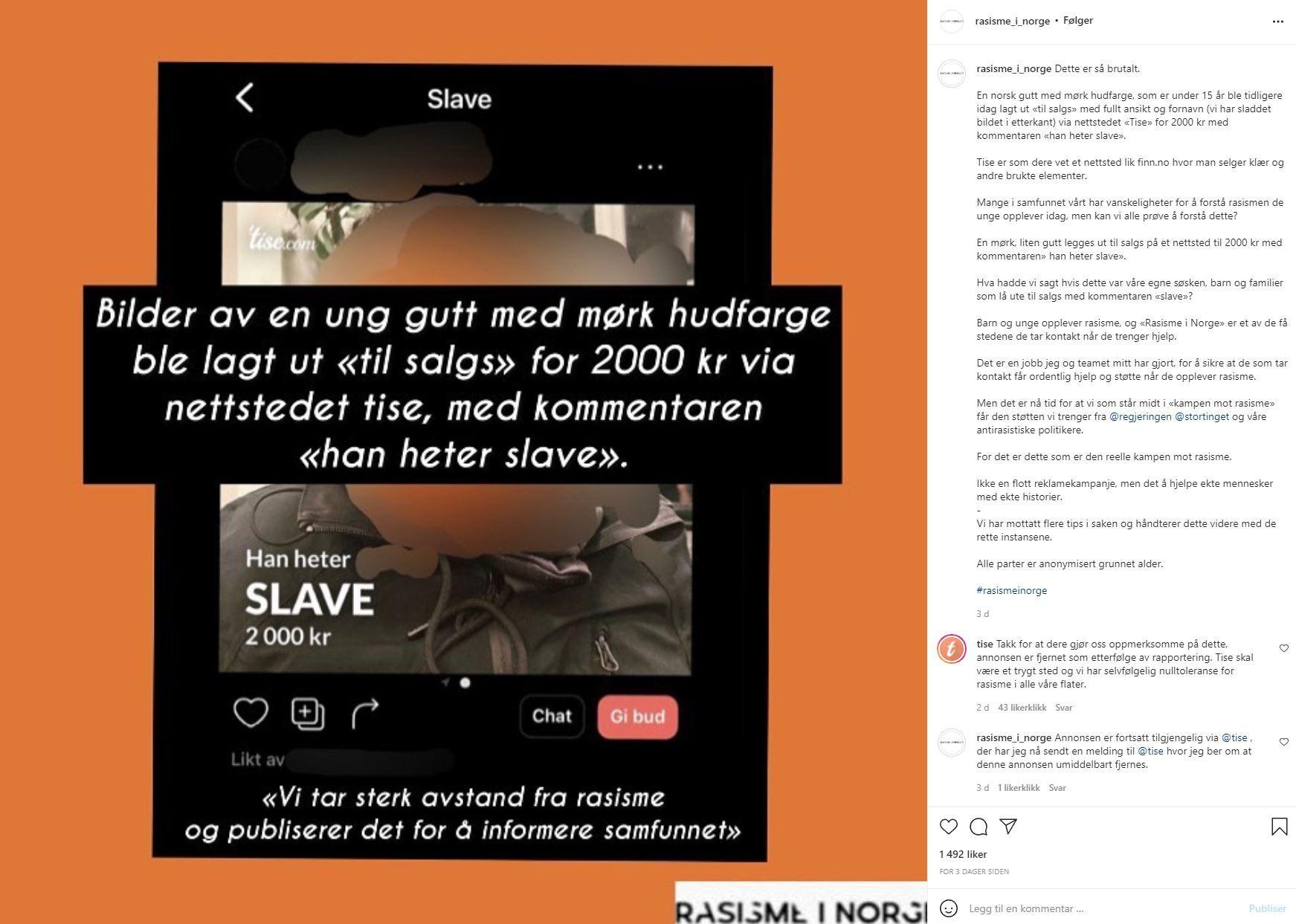 FLERE ANNONSER: Dette er en av annonsene som ble lagt ut på Tise denne uken. Den er delt av Instagram-kontoen «Rasisme_i_norge». 