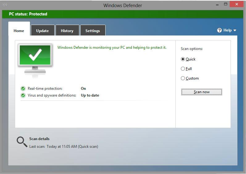 Windows Defender kommer med et gjenkjennelig og enkelt grensesnitt.Foto: Hardware.no