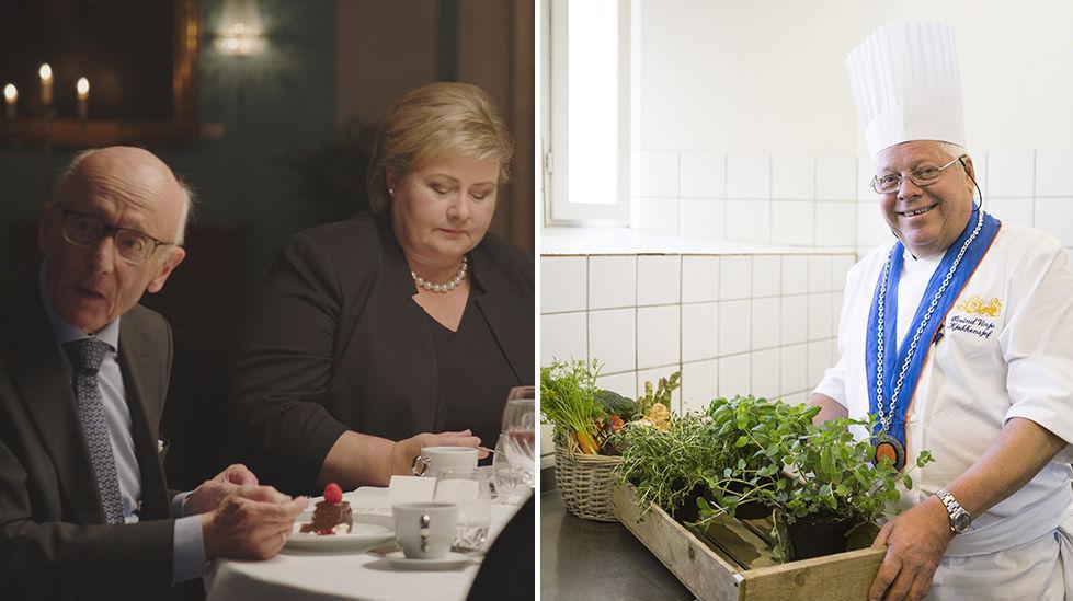 KAKE: Kåre Willoch og Erna Solberg spiser her en sachertorte laget av Øyvind Vinje (til høyre). Foto: Norsk Fjernsyn/NRK/Gamle Logen Nadia Nordskott