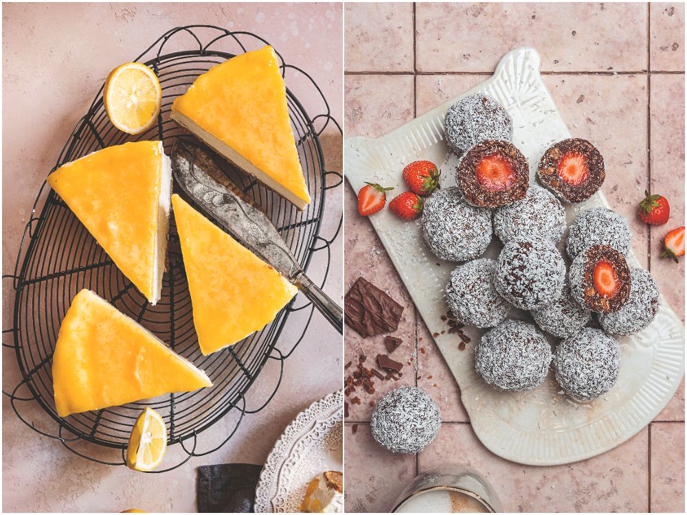 Helans goda sommarfika – citroncheesecake och chokladbollar med jordgubbsgömma.