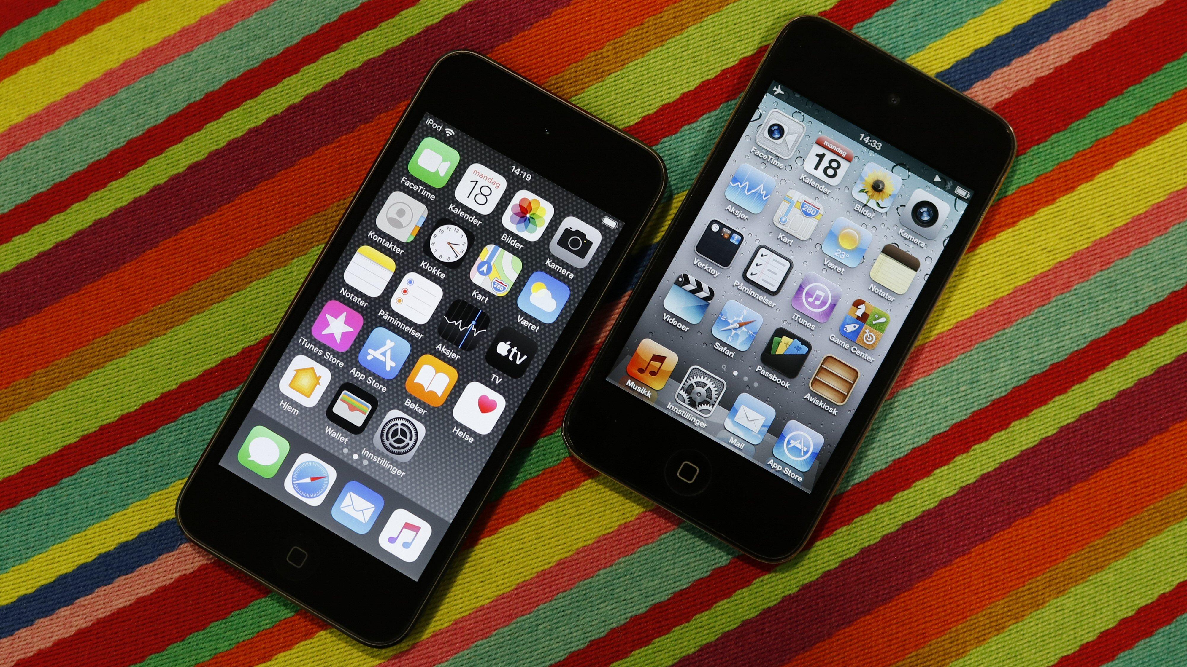 Takket være iOS er det å bruke en iPod touch som å bruke en iPhone uten SIM-kort. Her er syvende generasjon touch til venstre, fjerde generasjon til høyre.