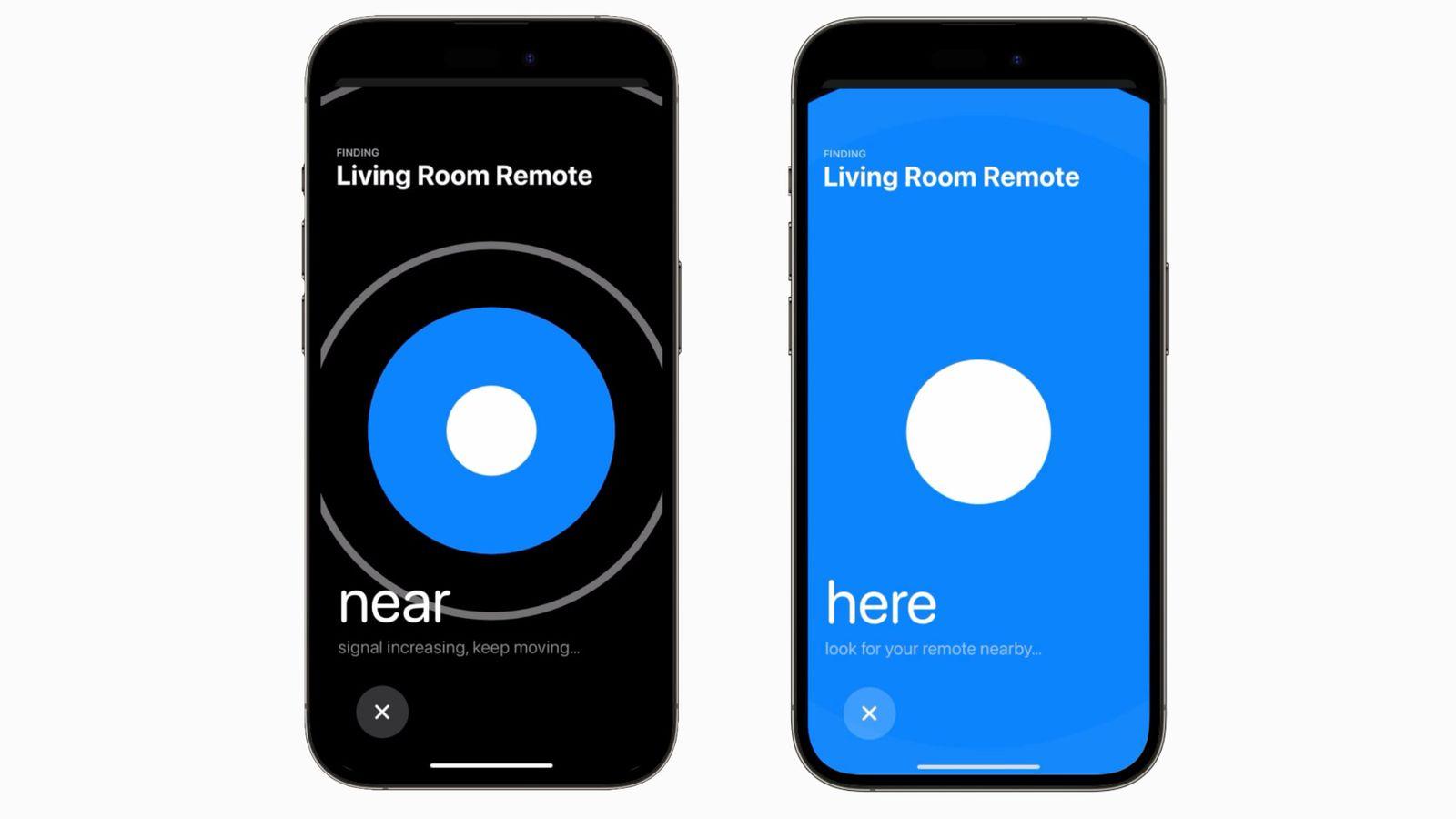 Find My Siri Remote indikerer om du nærmer deg enheten ved hjelp av en blåfarge som gradvis fyller skjermen etterhvert som du kommer nærmere. 