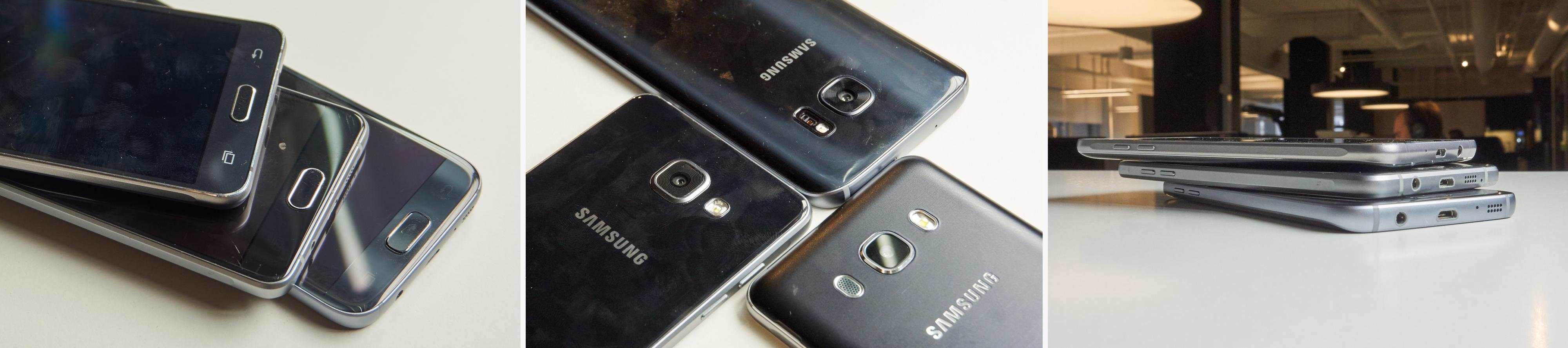 Galaxy S7, Galaxy A5 (2016) og Galaxy J5 (2016) er ikke så ulike som forgjengerne sine. Nå er alle bygget i metall, og har en utpreget premium-følelse. Materialkvaliteten på de to førstnevnte er imidlertid mye høyere enn på J5, som virker mindre sofistikert. Det er plast bak, hjemknappen ripes fort opp, aluminiumen er av dårligere kvalitet og med kjipere finish – og kameraet har ikke noen ekstra detaljer (les: ringer rundt objektivet).