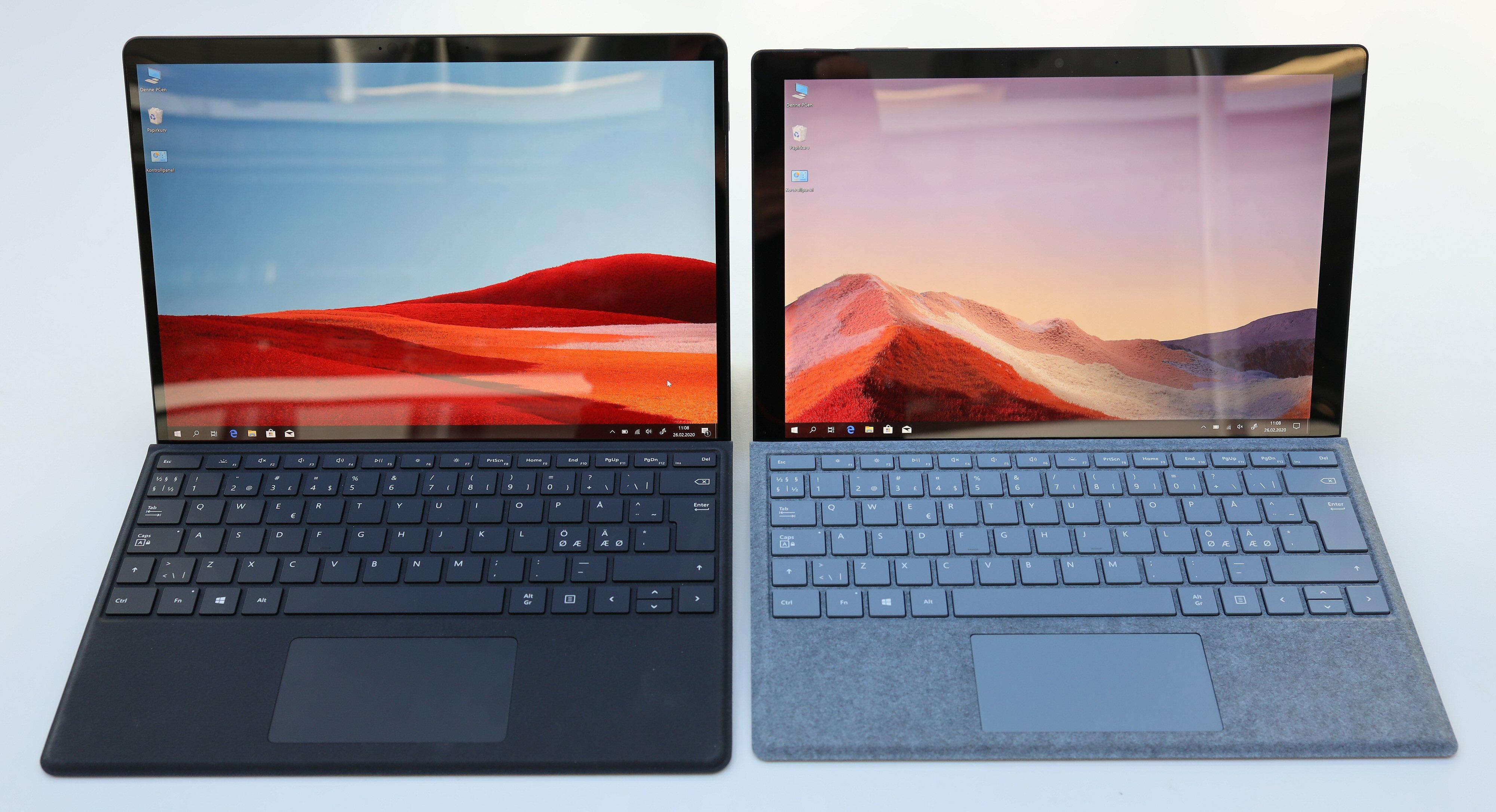 Surface Pro X ved siden av Surface Pro 7. X-modellen er litt rundere i kantene, har integrert mobilt bredbånd og en litt større skjerm på 13 tommer, men egner seg mindre som en allround datamaskin.