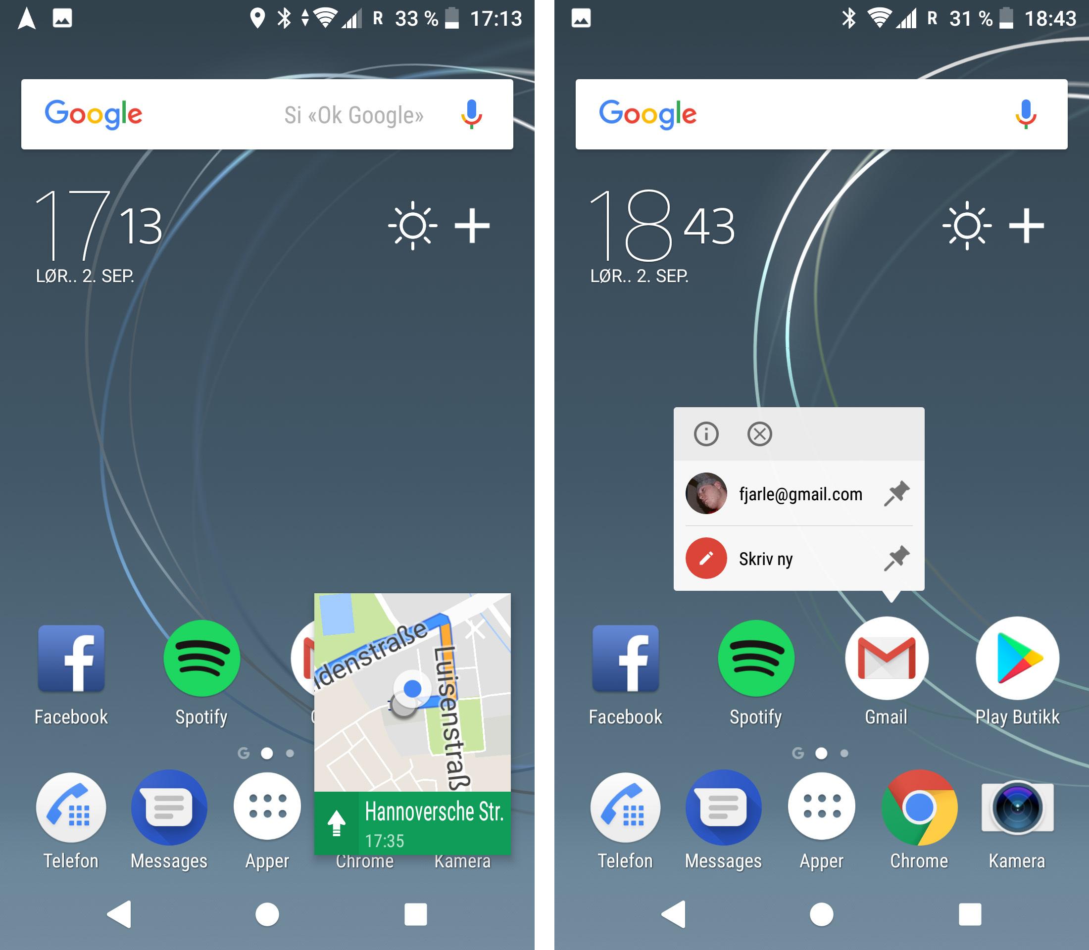 Til venstre ser du bilde-i-bilde-funksjonen aktivert for Google Maps-navigering. Til høyre har du appsnarveiene som dukker opp om du trykker og holder på ikoner i Android 8..