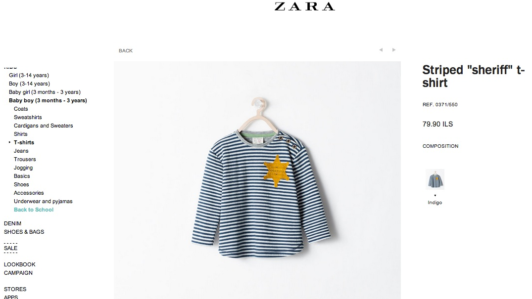 KRAFTIG KRITIKK: Denne t-skjorten til smågutter under tre år er blitt solgt i Zaras nettbutikker over hele Europa. (Faksimile fra Zaras italienske nettbutikk)