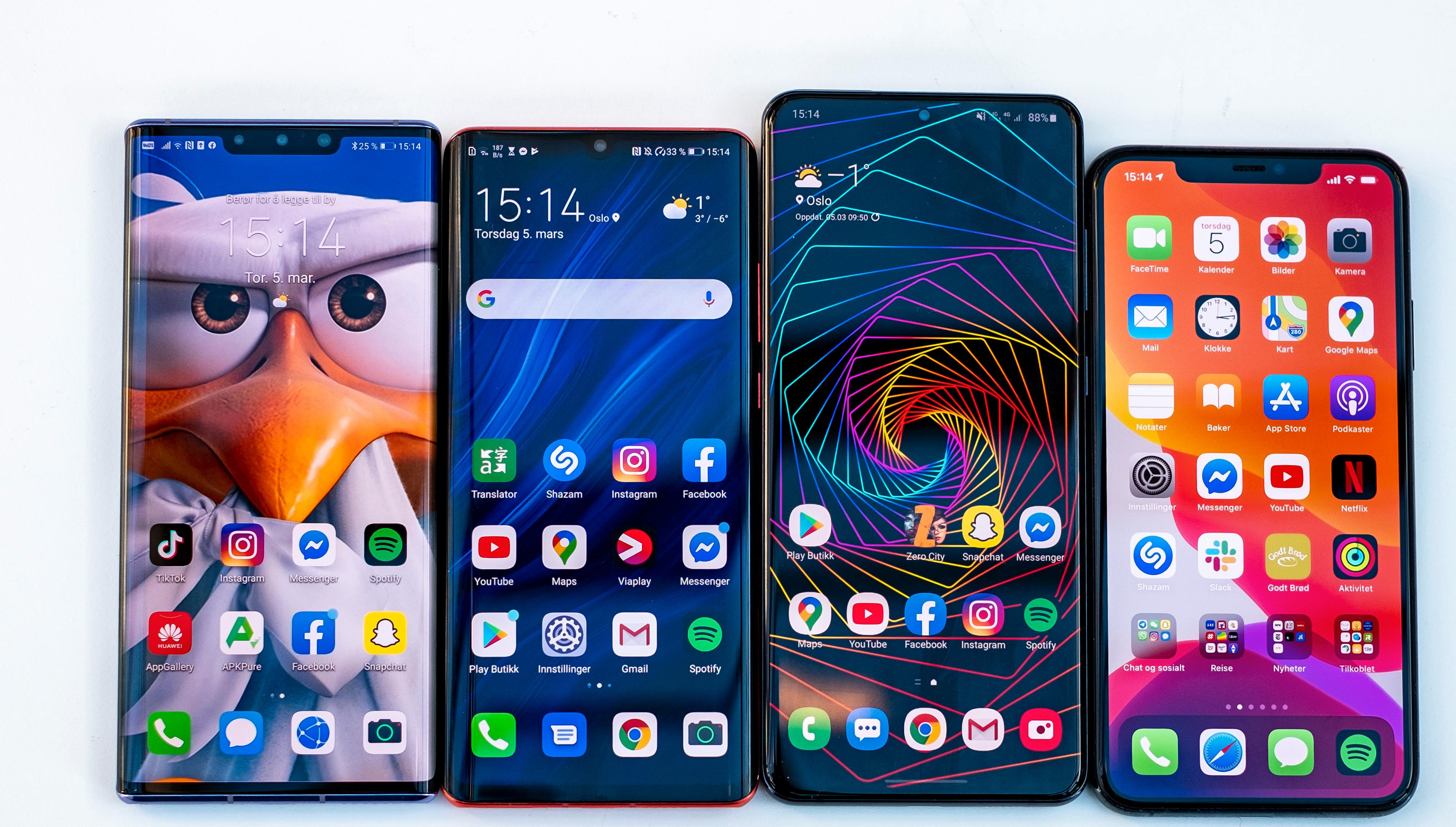 Fra venstre: Huawei Mate 30 Pro, Huawei P30 Pro, Samsung Galaxy S20 Ultra, Apple iPhone 11 Pro Max