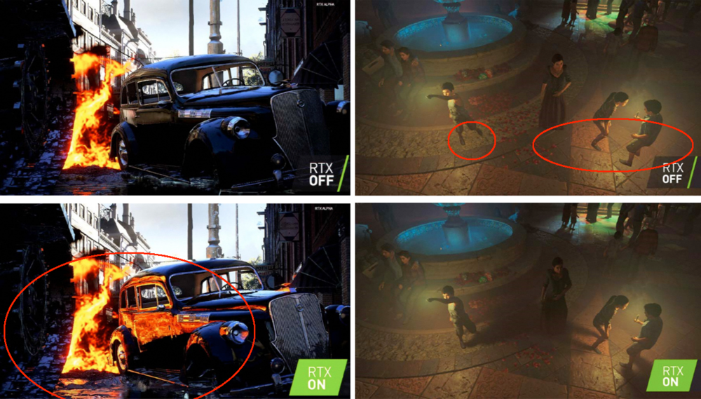 Det er lett å se hva strålesporing bidrar med i Battlefield V til venstre, med refleksjoner i billakken og gaten. I Tomb Raider til høyre svever figurene ved fontenen over bakken uten riktig skyggelegging, noe strålesporing fikser.