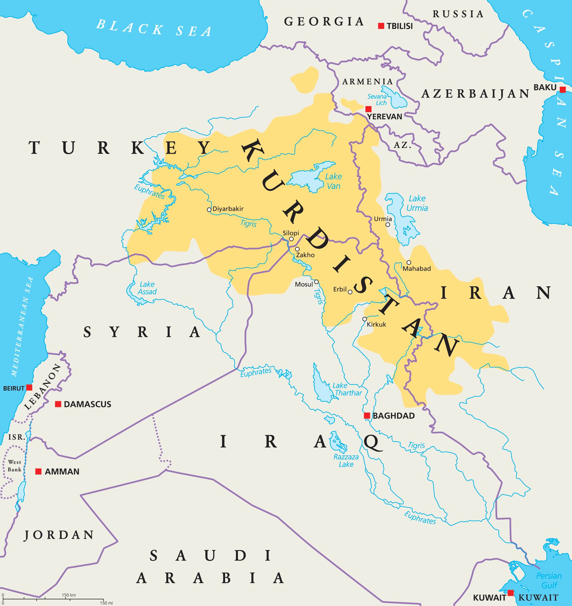 Den här moderna kartan visar Kurdistan i dag (det område som domineras av kurdisk befolkning). 