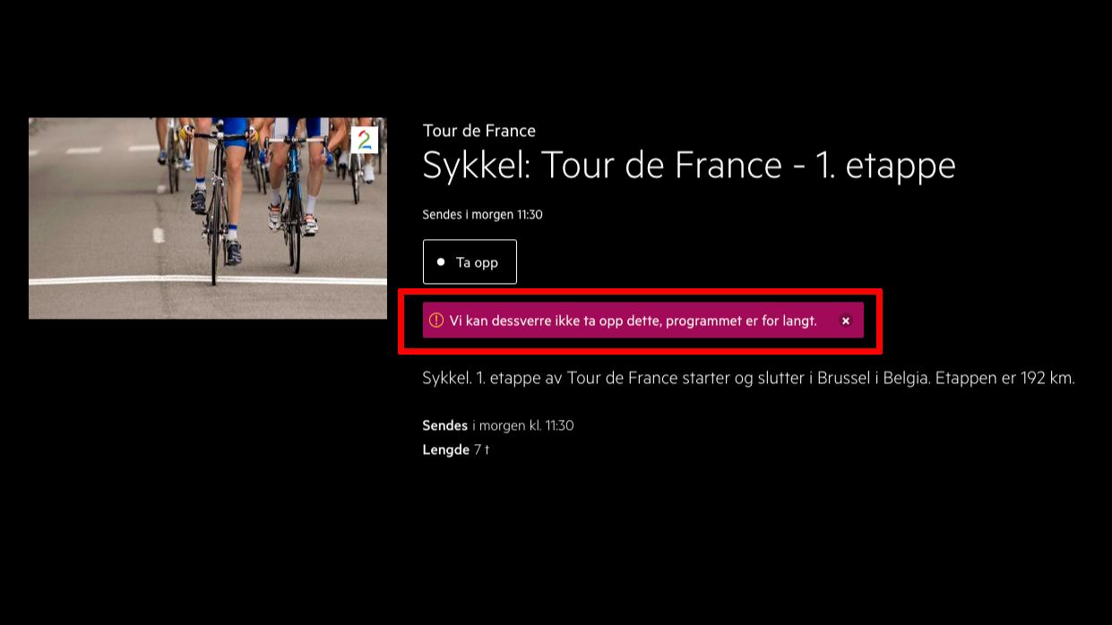 Get-kunder får ikke ta opp Tour de France fordi sendingen er for lang
