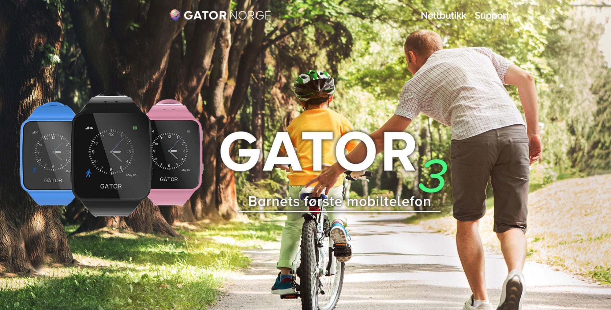 På hjemmesidene til Gator reklamerer de for smartklokken som «Barnets første mobiltelefon». Bilde: Faksimile, gatornorge.no