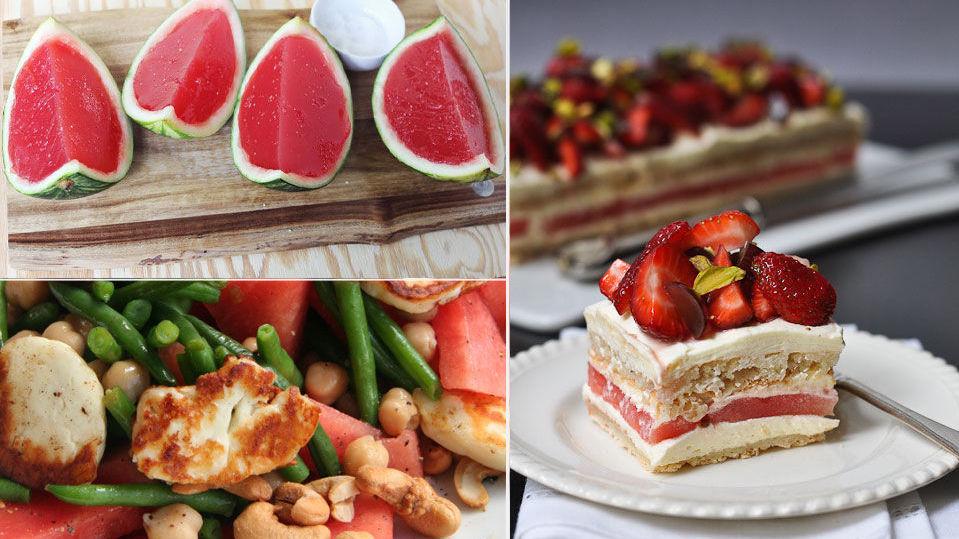 TASTY: Vannmelon-gele, kake med jordbær og krem og nederst til venstre: vannmelonsalat med halloumi-ost og mynte. Foto: Abeautifulmess.com/Trissalicious/Susannekaluza.com