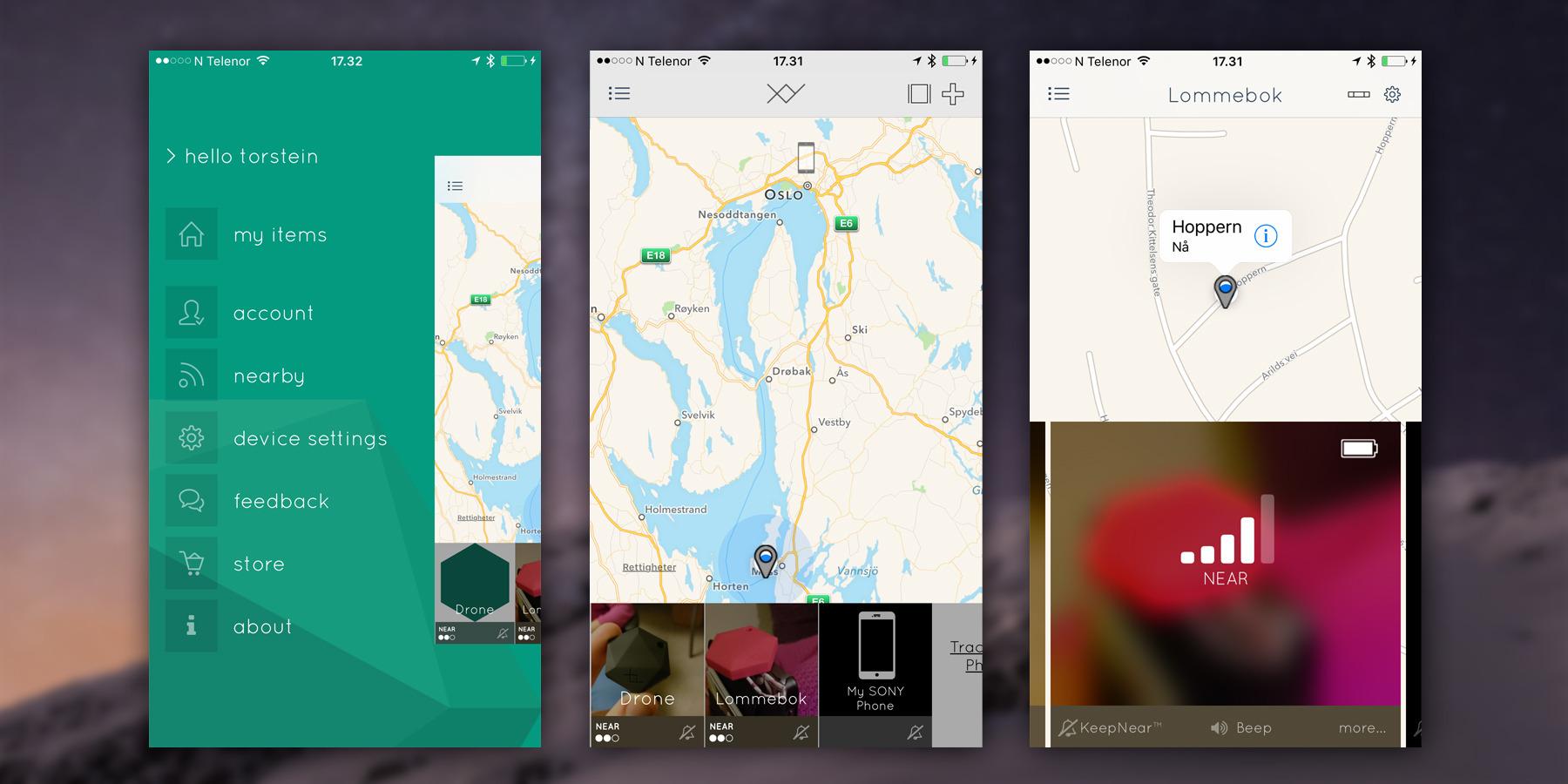 Slik ser hovedmenyene i TrackR-appen ut på iOS. På Android ligner de sterkt på flere punkter, men med dårligere skalering og mindre kart. Bildet i midten viser oversiktsvisningen, mens bildet til høyre viser enkeltvisningen.