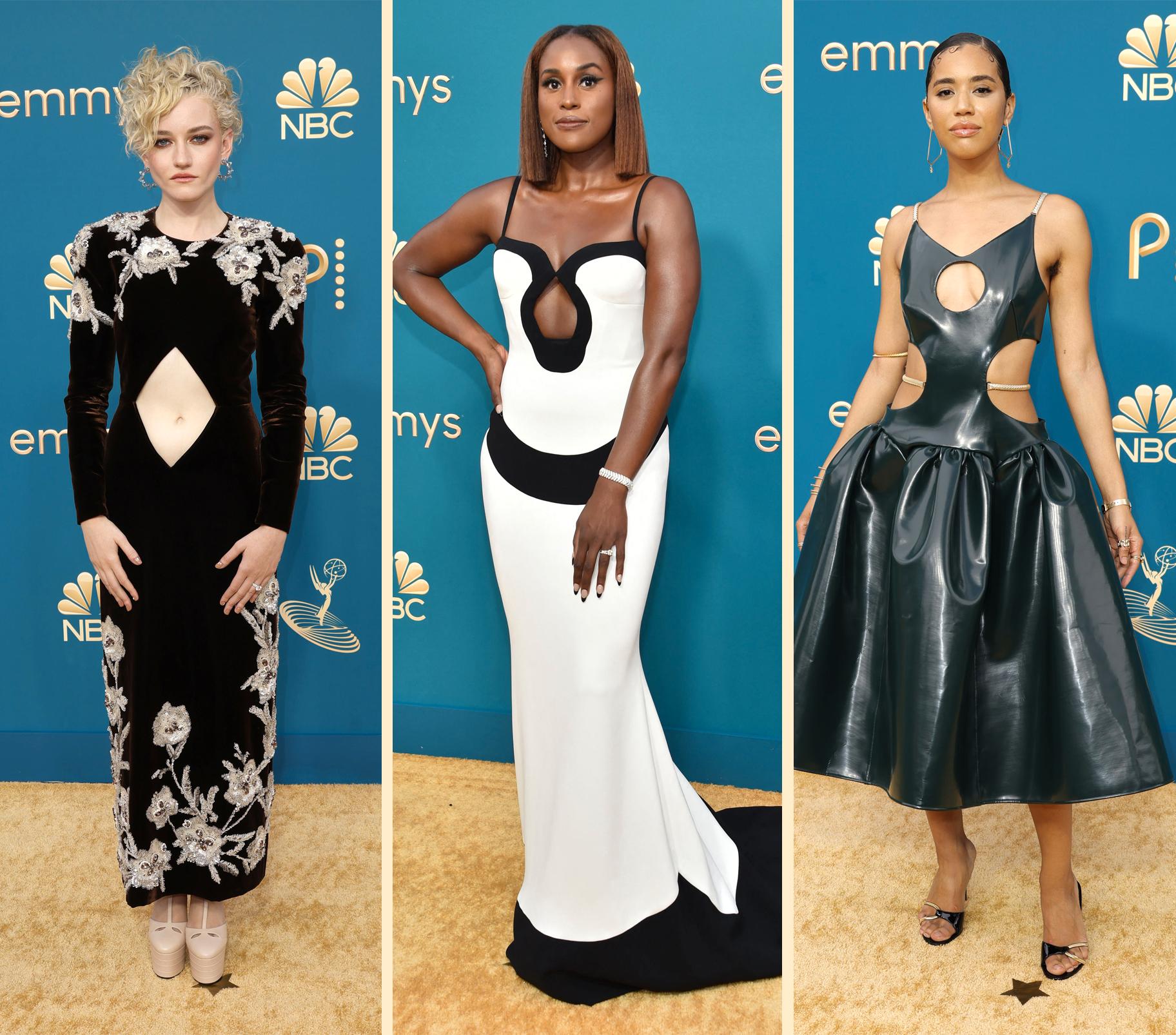 TRENDY UTSKJÆRING: Flere stjerner valgte kjoler med cut outs denne Emmy-kvelden. Julia Garner, Issa Rae og Jasmin Savoy Brown var blant dem.