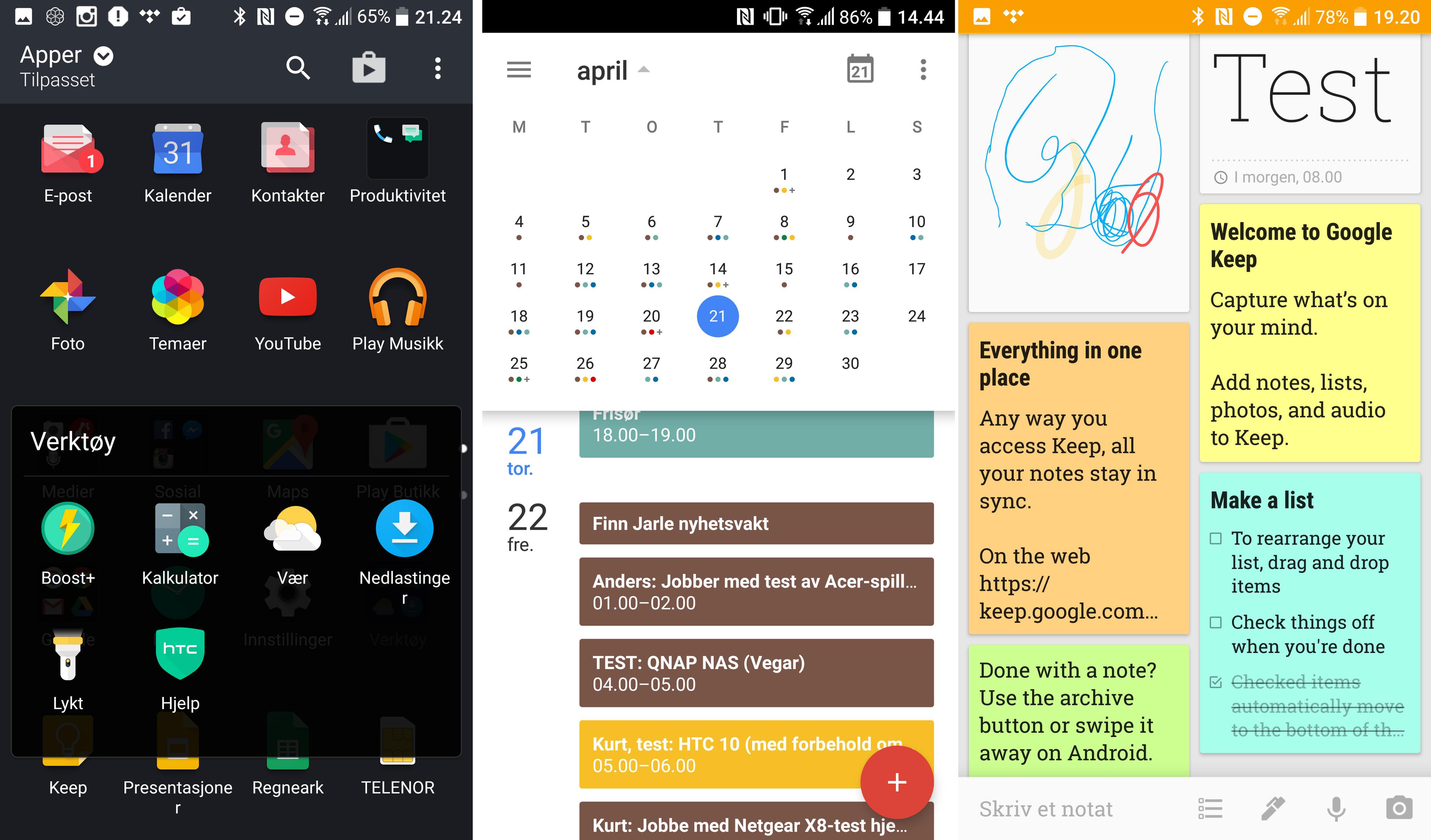 HTC har ryddet godt opp i appene. Det er Googles egne apper som ofte er standard. I midten den utmerkede kalenderappen fra Google, og notatappen Google Keep lengst til høyre.