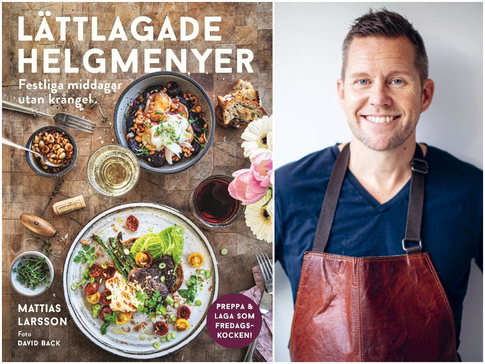 Mattias Larsson med sin nya kokbok Läckra helgmenyer, Semic.