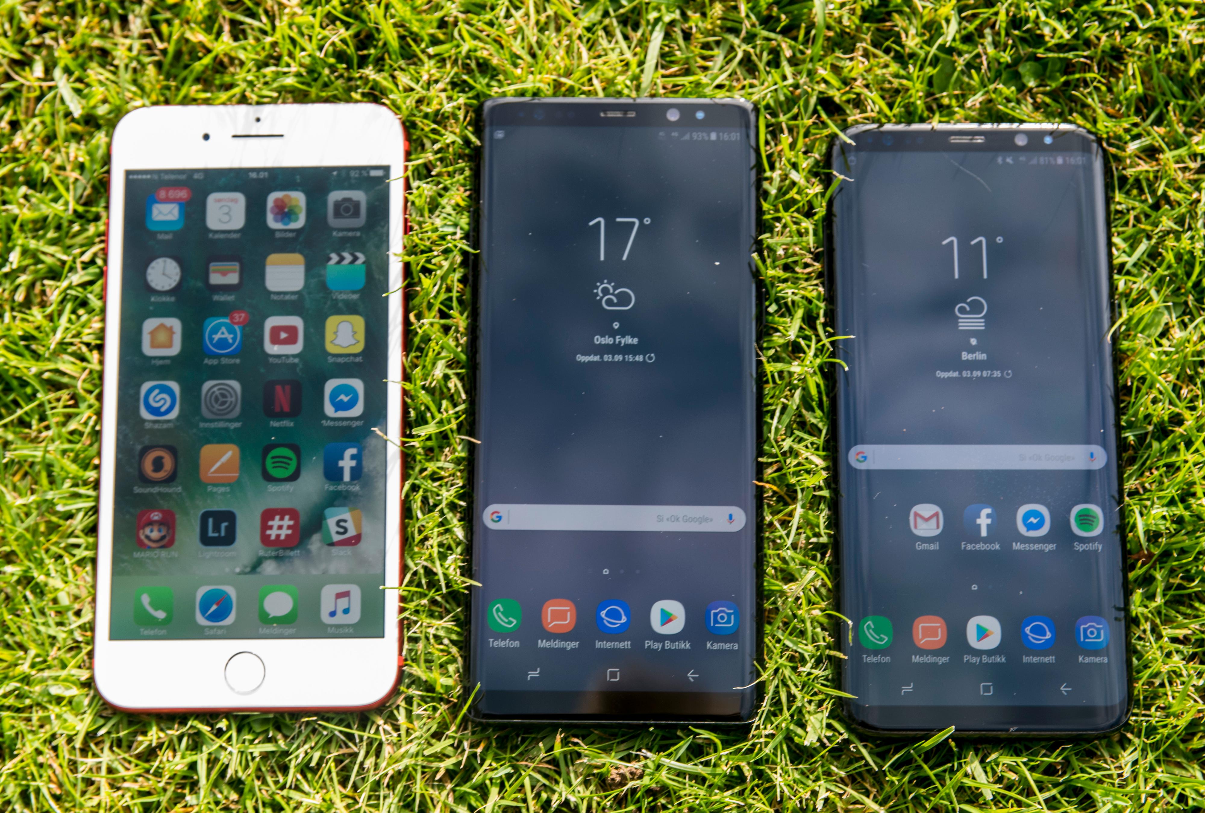Fra venstre: iPhone 7 Plus, Galaxy Note 8 og Galaxy S8+. Alle er store mobiler.