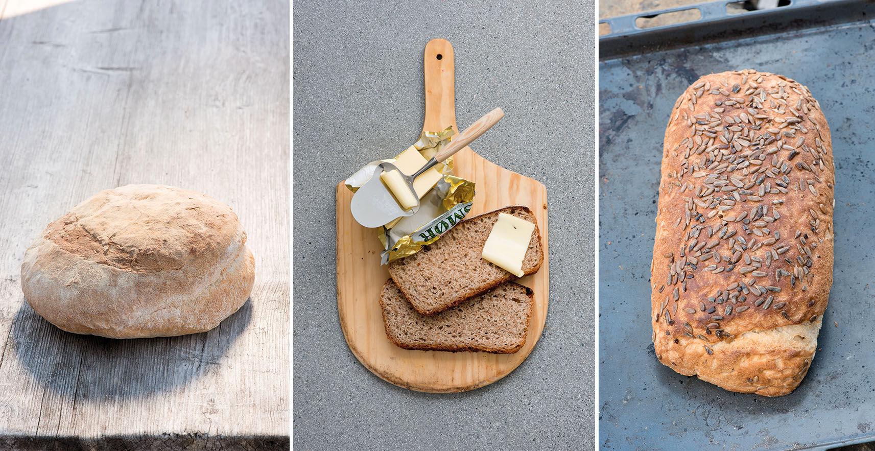BRØD PÅ 1-2-3: Prøv deg som baker hjemme - imponer med kneippbrød eller solsikkebrød, eller gjør det helt enkelt med et lyst brød på bare fire ingredienser. Foto: Morten Brun/Kagge Forlag.