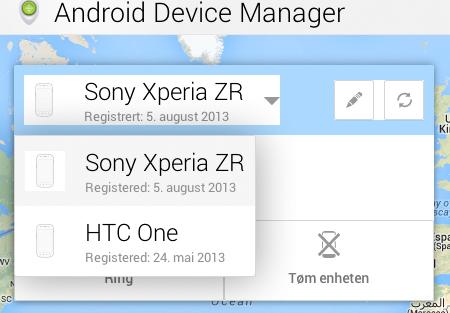 I Android Device Manager får du opp alle enhetene som stotter tjenesten.