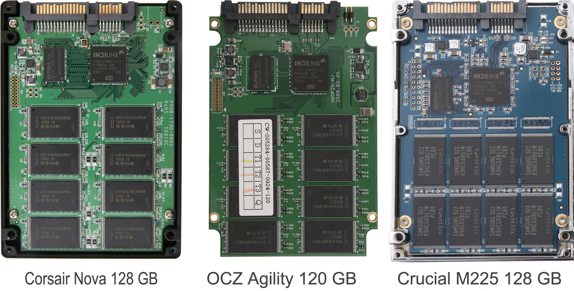 Tre SSD-er fra tre forskjellige produsenter. Likhetene er store på innsiden. Klikk for større versjon.