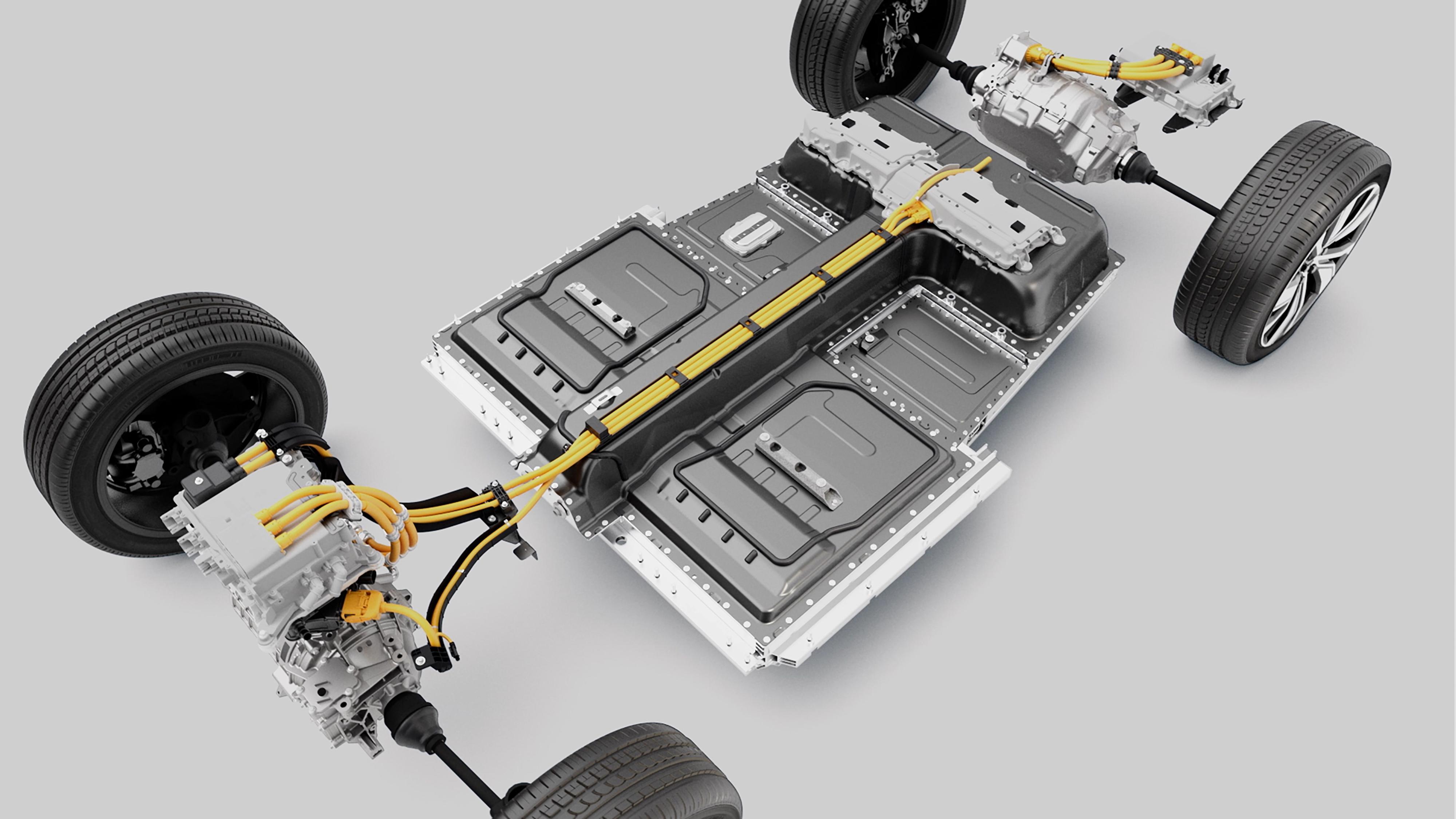 Ut fra dette bildet kan det se ut som om Volvo har gjort litt det samme som det Porsche kaller en «fotgarasje» i sin Taycan, nemlig å lage en nedsenkning i batteripakken der baksetepassasjerene har beina.