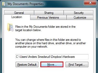 Dropbox kan være standardplassering for Mine Dokumenter. Bare flytt de til Dropbox-mappen din.