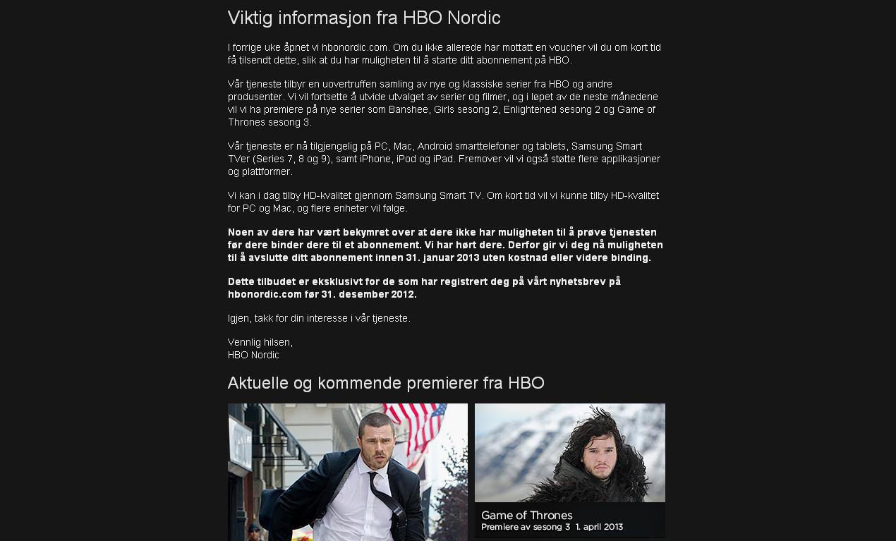 Gårsdagens e-post fra HBO Nordic.Foto: HBO Nordic