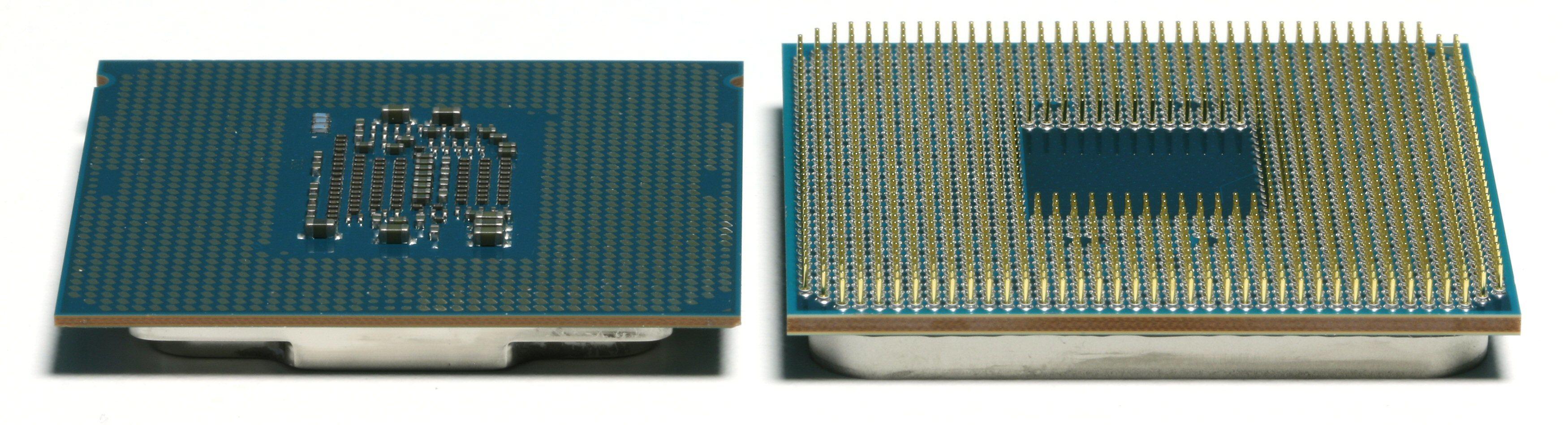 LGA og PGA: En Intel Kaby Lake-prosessor til venstre, en AMD Ryzen-prosessor til høyre.
