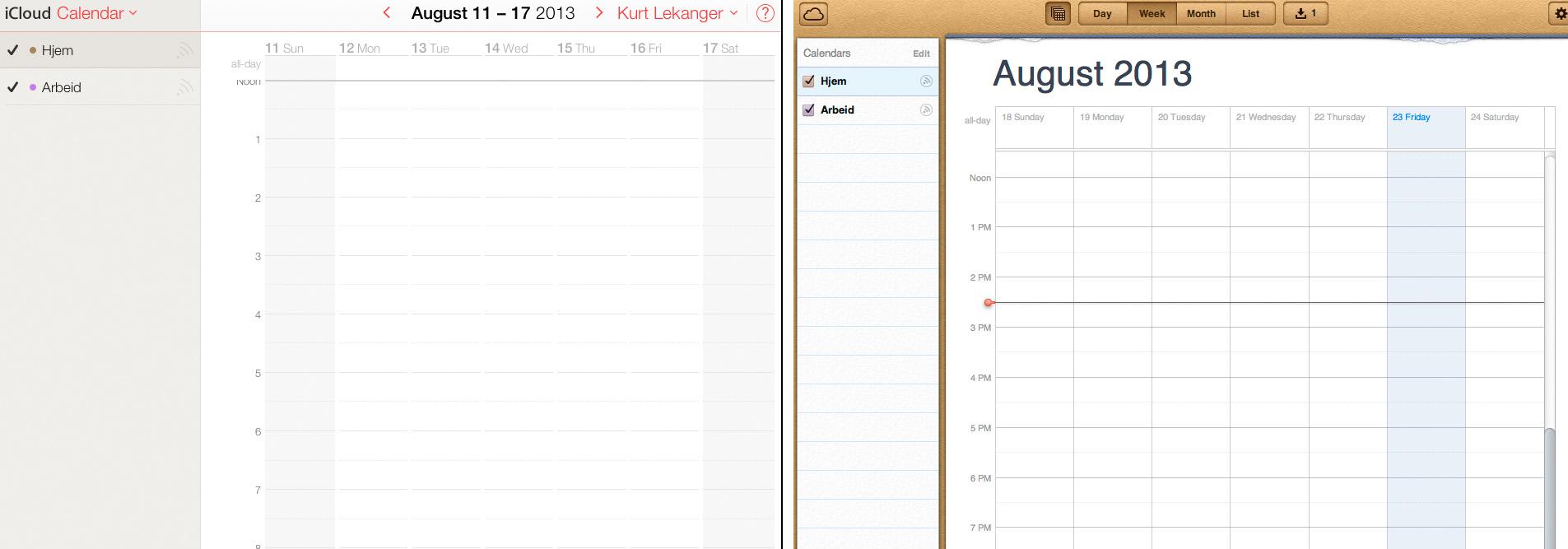 Ny (til venstre) og gammel iCloud-kalender ved siden av hverandre.