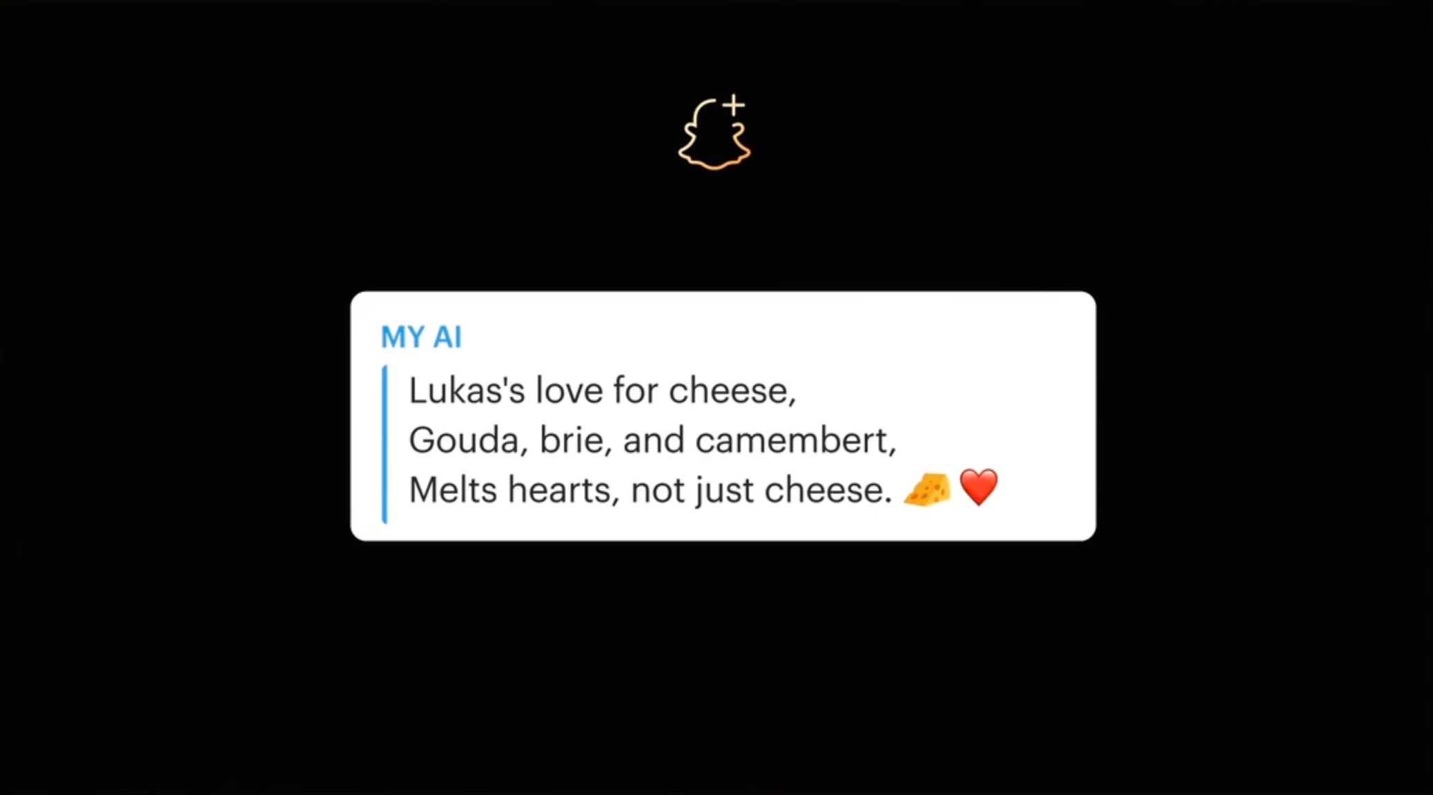 Slik svarer chatboten på en forespørsel om å lage et haiku-dikt om brukerens venn Lukas, som er glad i ost.  