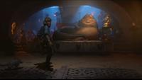 Fra traileren til Star Wars Outlaws: et møte med Jabba the Hutt.
