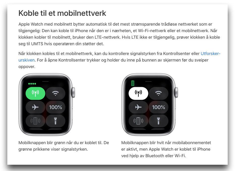 På Apples norske nettsider finnes det nå en supportside for hvordan man setter opp en 4G-variant av Apple Watch.