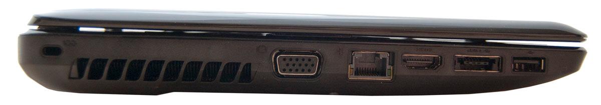 På venstresiden: Kensingtonlås, VGA, LAN, HDMI eSATA/USB 2.0 og én USB 2.0