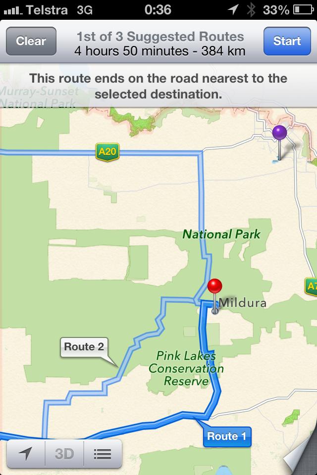 Mildura, Vic., ligger egentlig der den lilla stiften er på dette kartet.