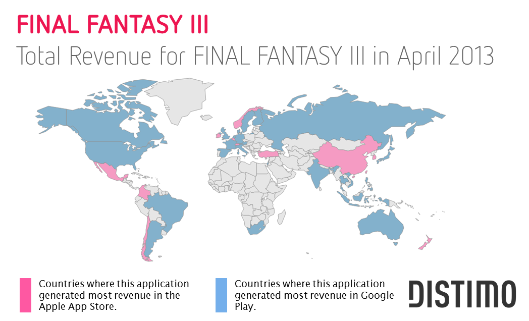 Illustrasjonen viser innteksfordelingen i de ulike landene for spillet Final Fantasy III. De landene der Android-plattformen genererer størst inntekter, er vist i blått.Foto: Distimo