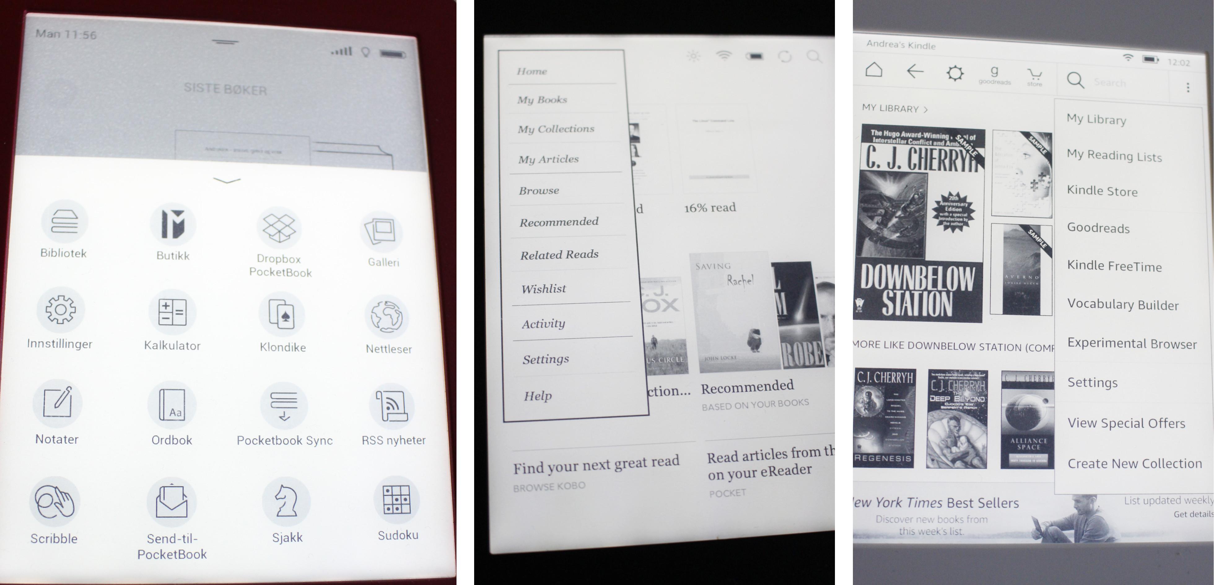 Lesebrettene har litt forskjellige menyer. PocketBook (til venstre) skiller seg fra Kobo (midten) og Paperwhite (høyre) som den mest oversiktelige og lettleste.