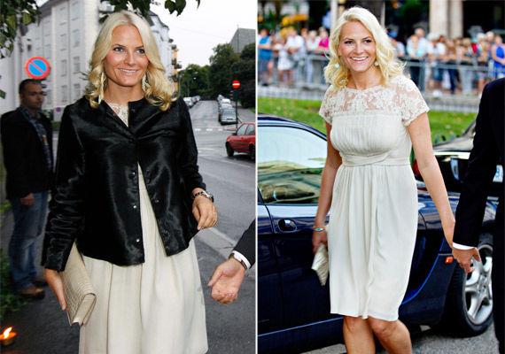PYNTET: Mette-Marit har tidligere brukt samme kjole til mer pyntede anledninger. Til venstre på Jonas Gahr Støres 50-årsdag i 2010 og senere på bryllupsfest i Monaco i 2011. Foto: NTB Scanpix