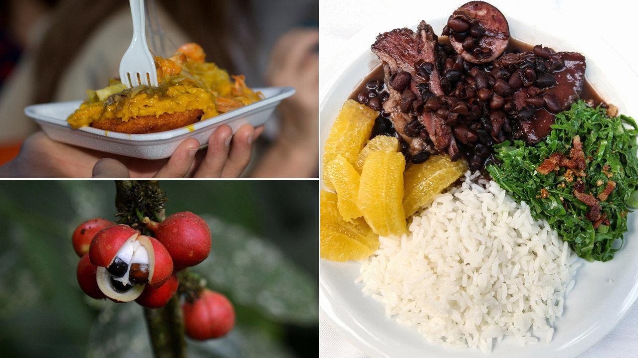 SPESIALITETER: Friterte acarajé med fyll, guaraná-frukt og feijoada-gryte er blant Brasils populære retter. Foto: NTB Scanpix / Wikipedia Commons