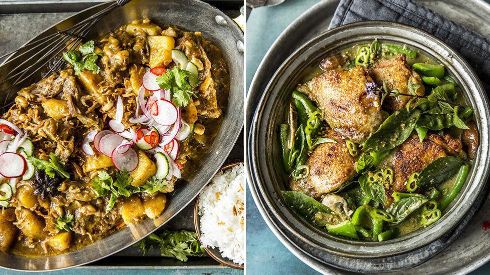 FLERE VARIANTER: Lise Finckenhagens gir deg tre ulike curryoppskrifter. Her ser du lammecurry (t. v.) og grønn kyllingcurry. Foto: Sara Johannesse/VG