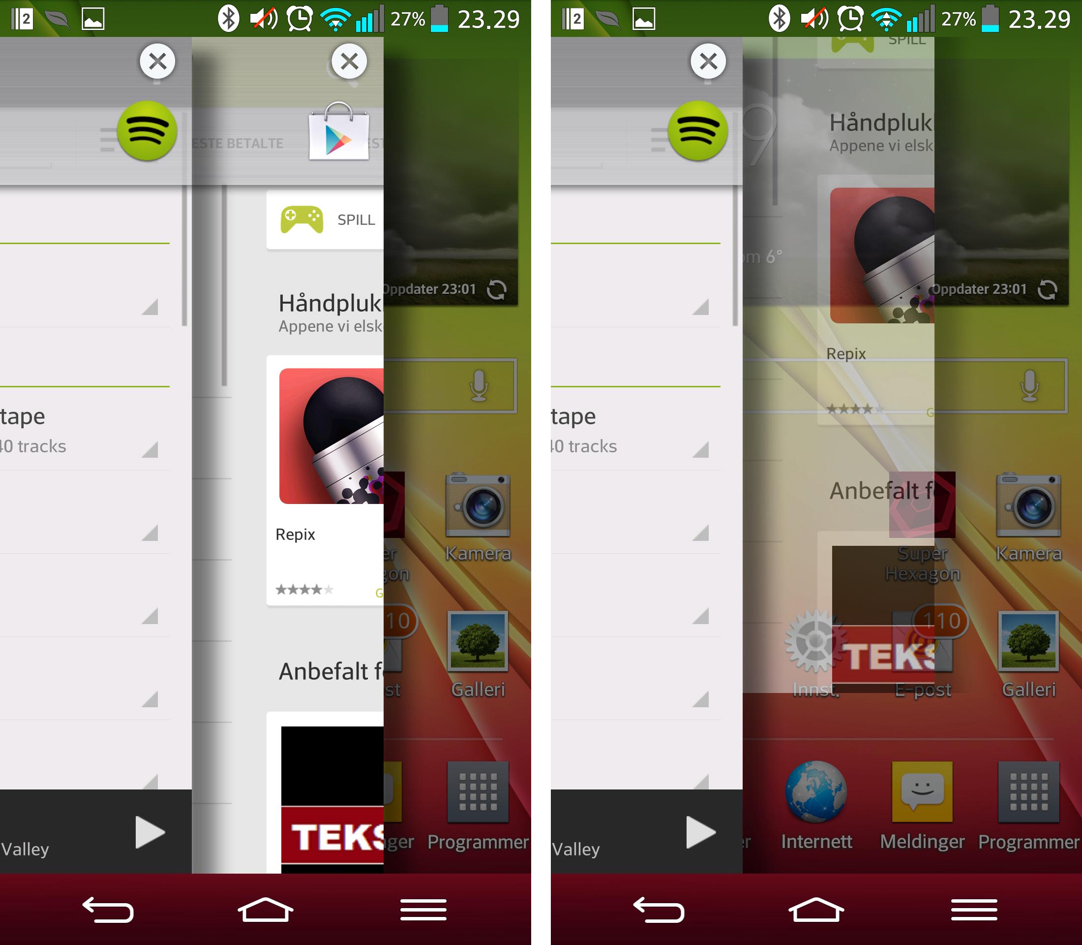 Alle Android-mobiler har fleroppgavekjøring. LG G2 har i tillegg Q-Slide. Vi er ikke overbevise om nytteverdien, men registrerer at apper starter fortere etter å ha ligget i Q-Slide-skuffen.Foto: Finn Jarle Kvalheim, Mobilen.no
