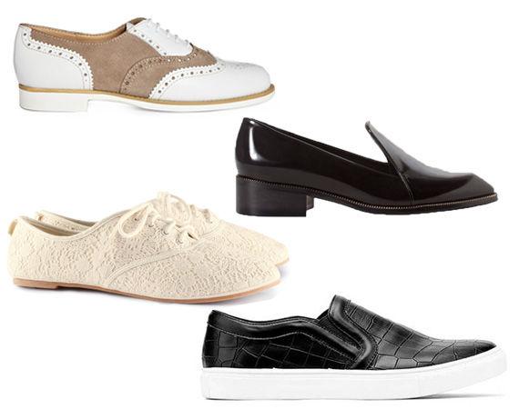 SØTT OG ROCKA: Herreinspirerte sko fra Asos.com, 876,79 kr. Sorte skinnmokkasiner fra Zara, 599 kr. Hvite blondesko fra H&M, 149 kr. Sorte sko fra Falkganger.no, 399 kr. Foto: Produsentene