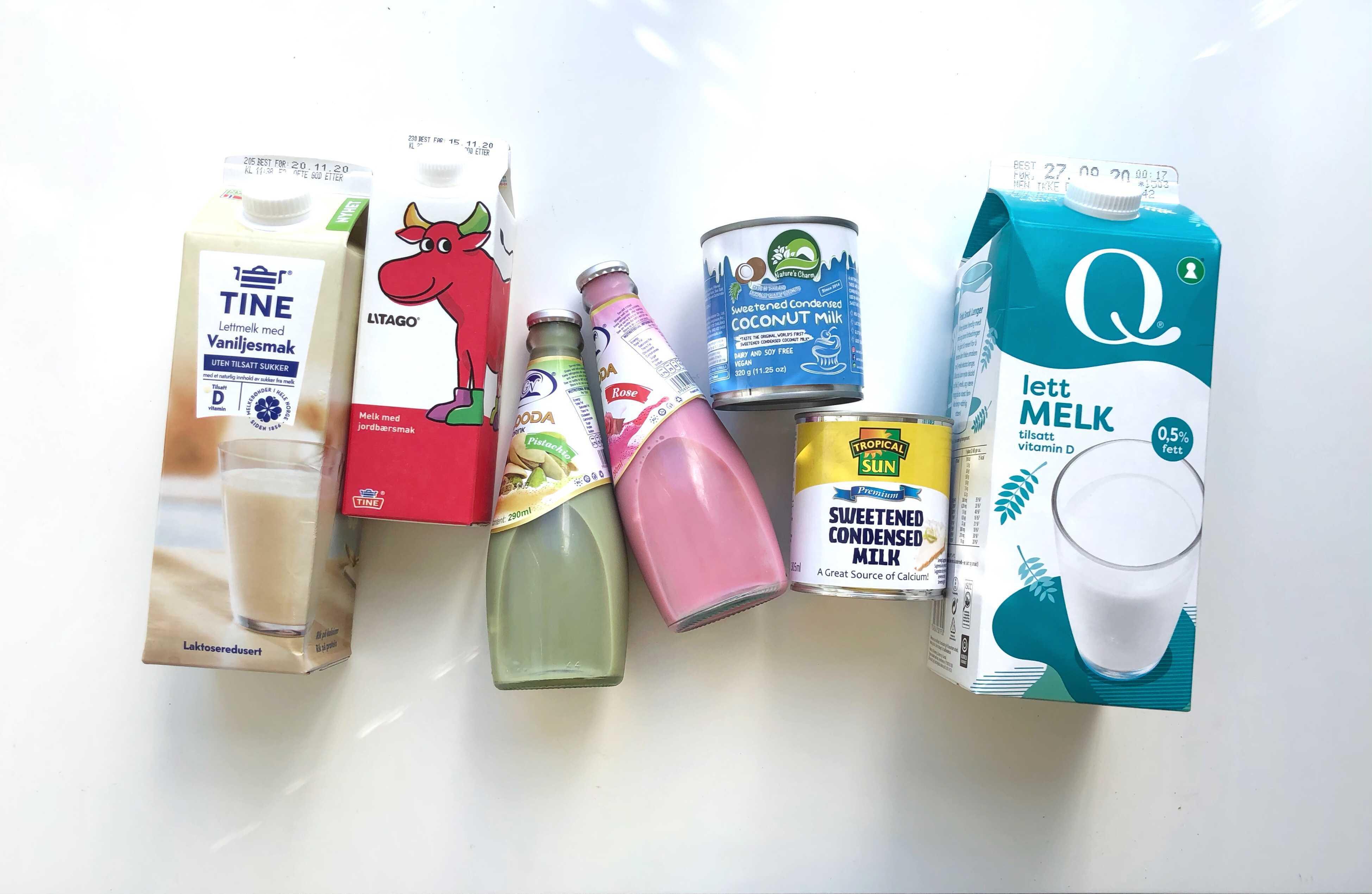 MANGFOLD: Prøv ulike typer melk og plantedrikker i boble-teen. Også pulvermelk eller creamer kan brukes. Her et utvalg av «melk» vi testet.
