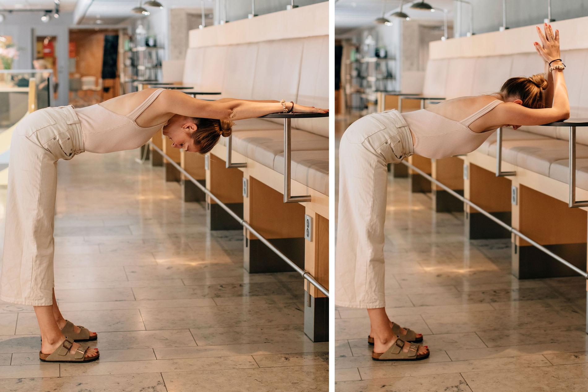 Sheila Arnell gör yoga mot ett bord 