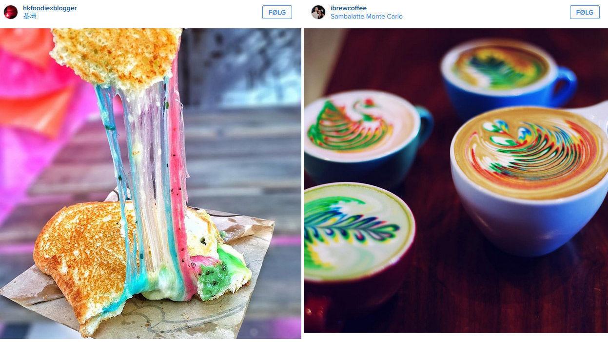 KREATIVT: Mat inspirert av regnbuen, kan du ønske mer? Fra Hong Kong til Las Vegas, fargerik mat er å finne både på toast og i latten. Foto: Instagram/@Hkfoodieexblogger/@Ibrewcoffee